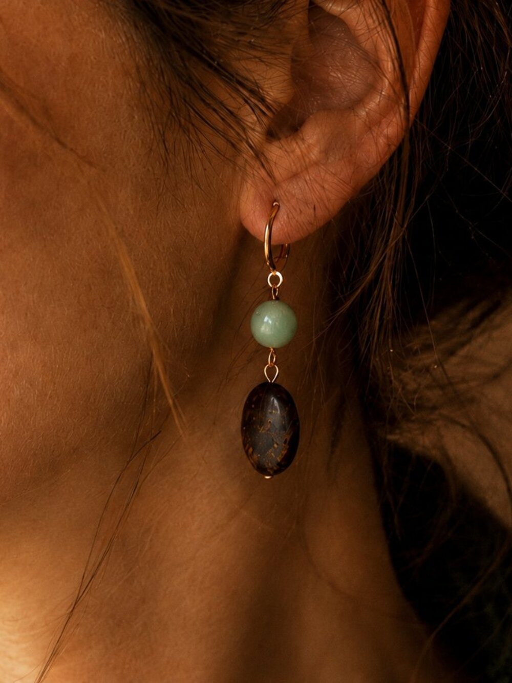 Earthy Boho Leverback Earrings, Green Jasper & Gold Plated Dangles, Witchy